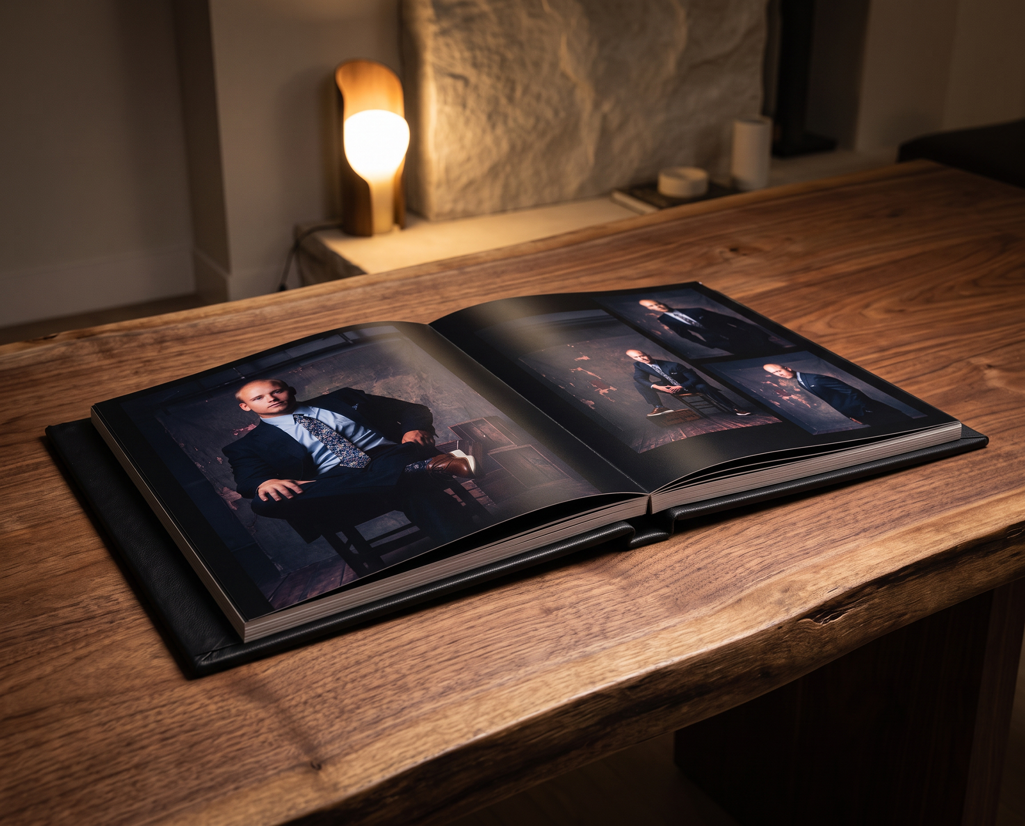 An open album on a table: many poses of the same subject in one shared world