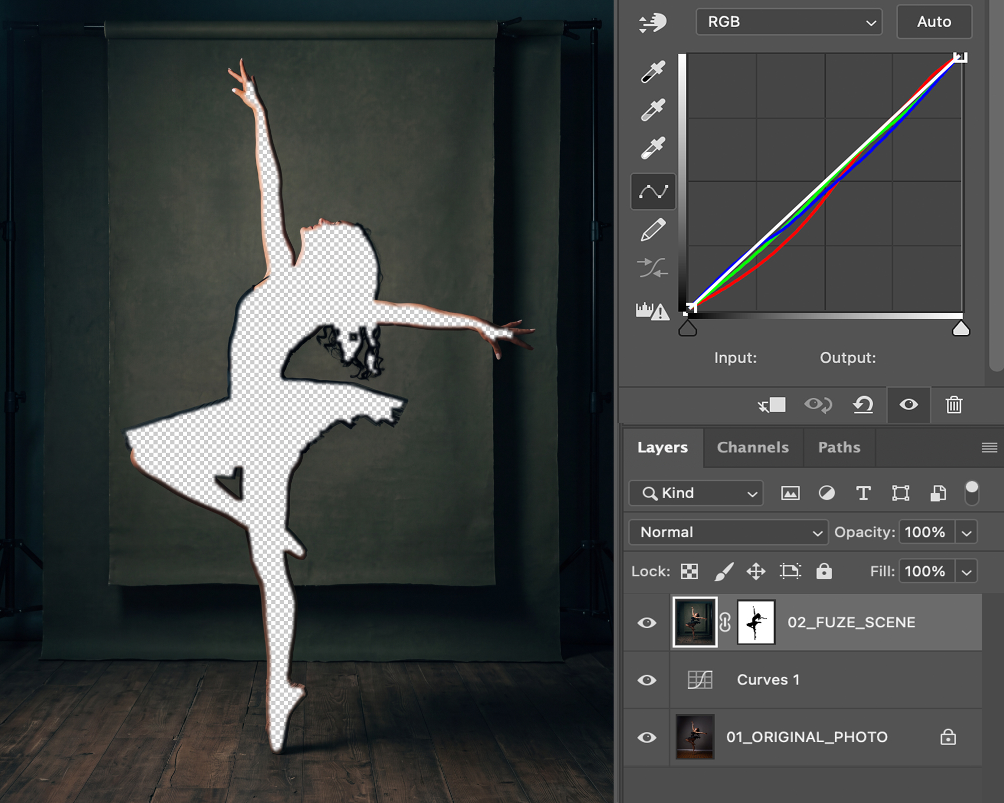 The layered PSD: original photo, Curves adjustment layer, and the FUZE scene with its mask
